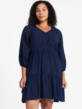 NWT Time and Tru Women's V Neck Tiered Dark Navy Mini 3/4” Sleeve Dress -L 12/14